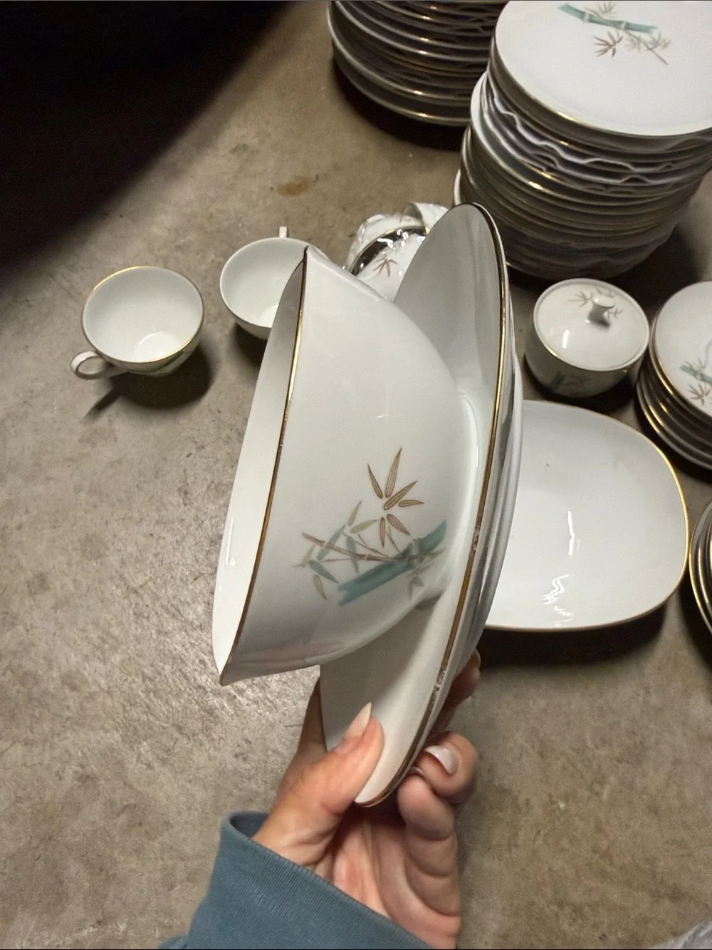 Vintage Noritake Oriental 6341 Japan 55-Piece China Set Bamboo Gold Trim dinner